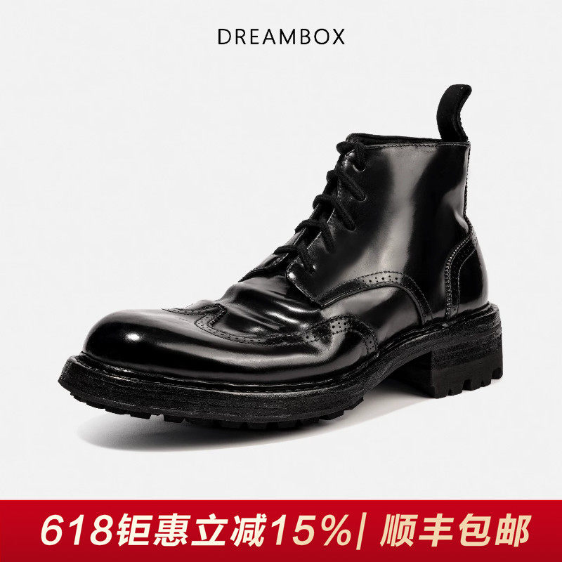 DREAMBOX钧博vibram防滑马臀皮高帮皮鞋固特异布洛克雕花马丁靴