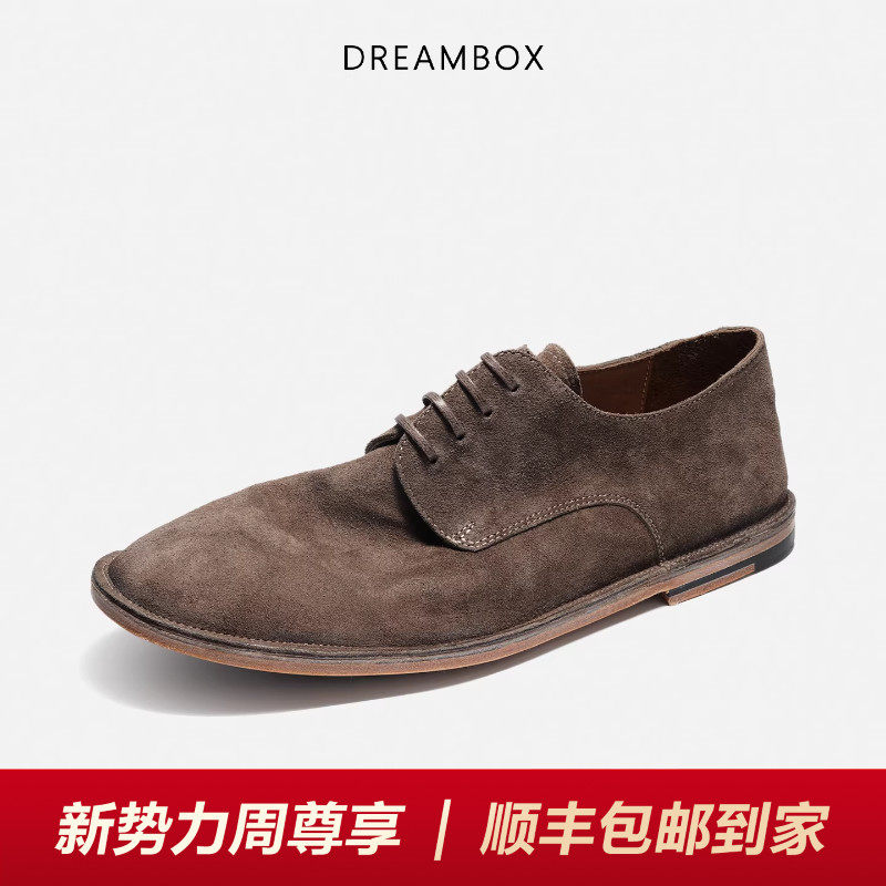 DREAMBOX钧博石洗马皮轻便透气休闲皮鞋2026春夏新款薄底德比鞋