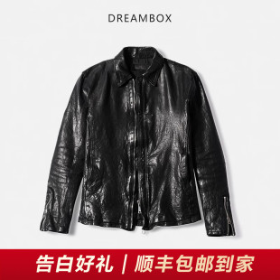DREAMBOX钧博水洗做旧马皮翻领皮衣阿美咔叽中短款 机车皮夹克外套