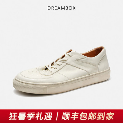 DREAMBOX钧博石洗马皮百搭小白鞋2026新款软皮舒适透气休闲板鞋
