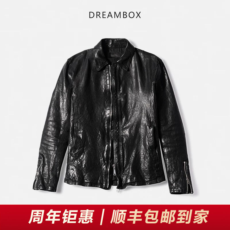 DREAMBOX钧博水洗做旧马皮翻领皮衣阿美咔叽中短款机车皮夹克外套
