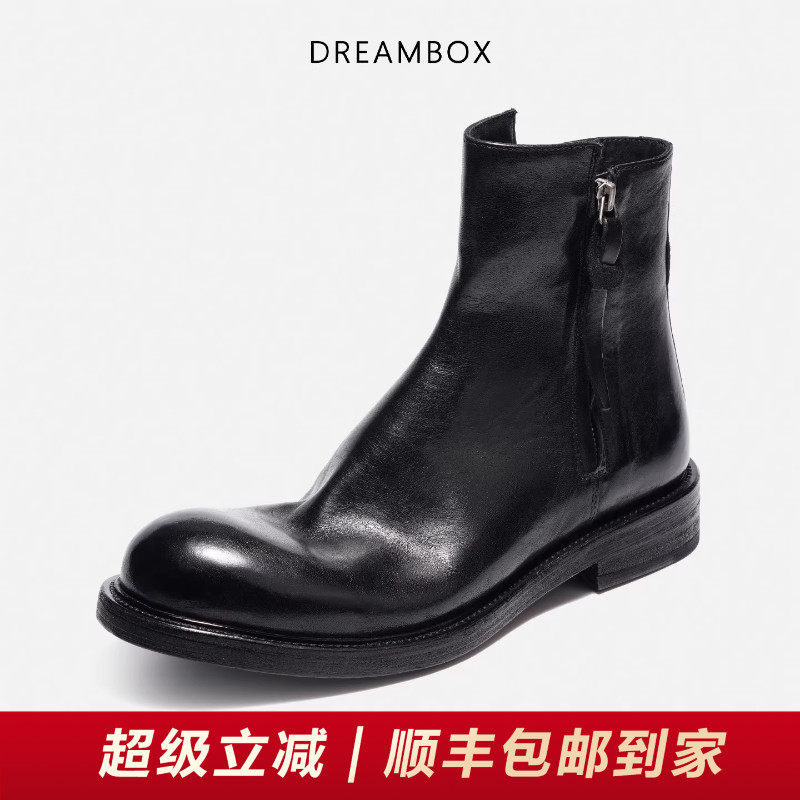 DREAMBOX钧博石洗马皮男靴侧拉链高帮皮靴秋冬新款英伦风切尔西靴