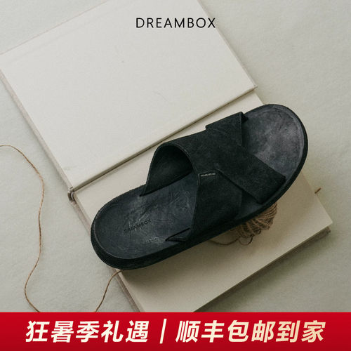 钧博水洗马皮平底外穿拖鞋