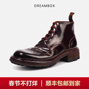 DREAMBOX钧博vibram马臀皮高帮皮鞋英伦男靴手工布洛克雕花马丁靴