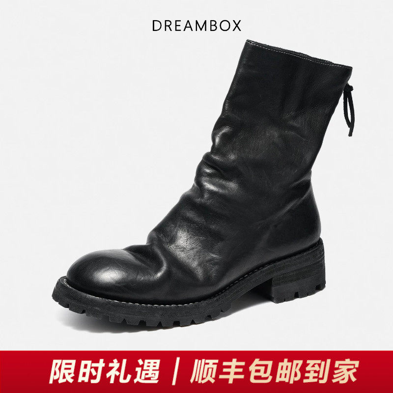 DREAMBOX钧博男靴水洗马皮后拉链倒靴2026新款固特异厚底英伦皮靴