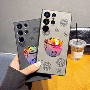 三星新款 护套镭射卡通防摔翻S23女保GalaxyS24ultra耐脏猫毛皮感s22Ultra适用机壳S24ULTRA男S23ultra高级手
