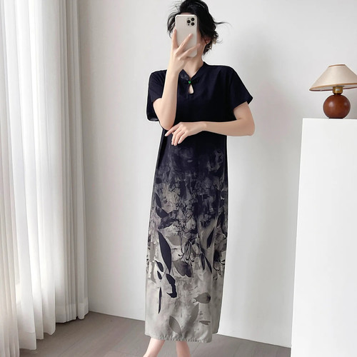 2026新款棉绸旗袍新中式水墨渐变睡裙夏季女可外穿东方美学家居服