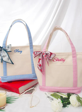 刺绣定制彩色拼接加厚手提袋格子出行旅游单肩包大容量购物袋