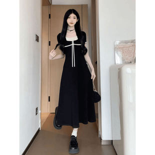 裙A字连衣裙度假长裙 夏季 新款 法式 甜美风设计感撞色花边收腰短袖