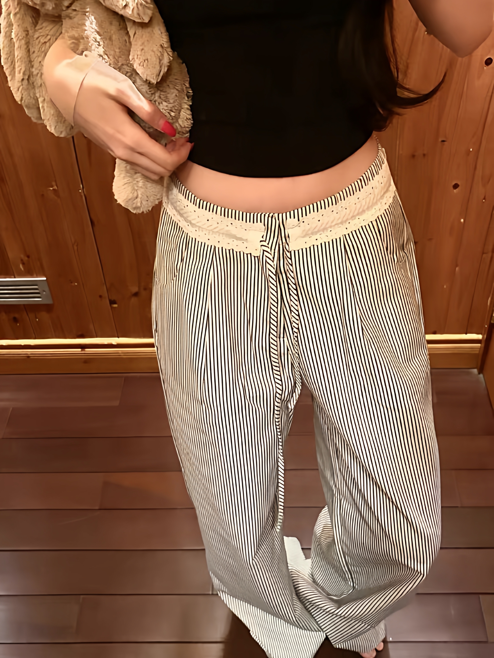 韩系通勤蕾丝拼接条纹阔腿裤