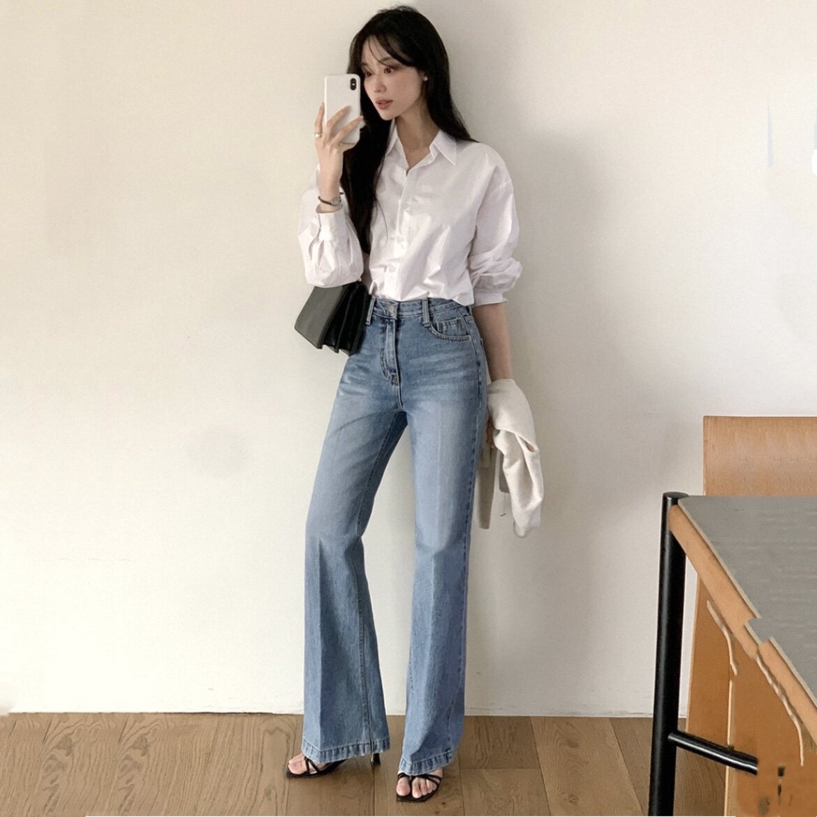 韩国正品reine高级棉质牛仔裤直筒显瘦女版官网代购初秋脚踝长裤