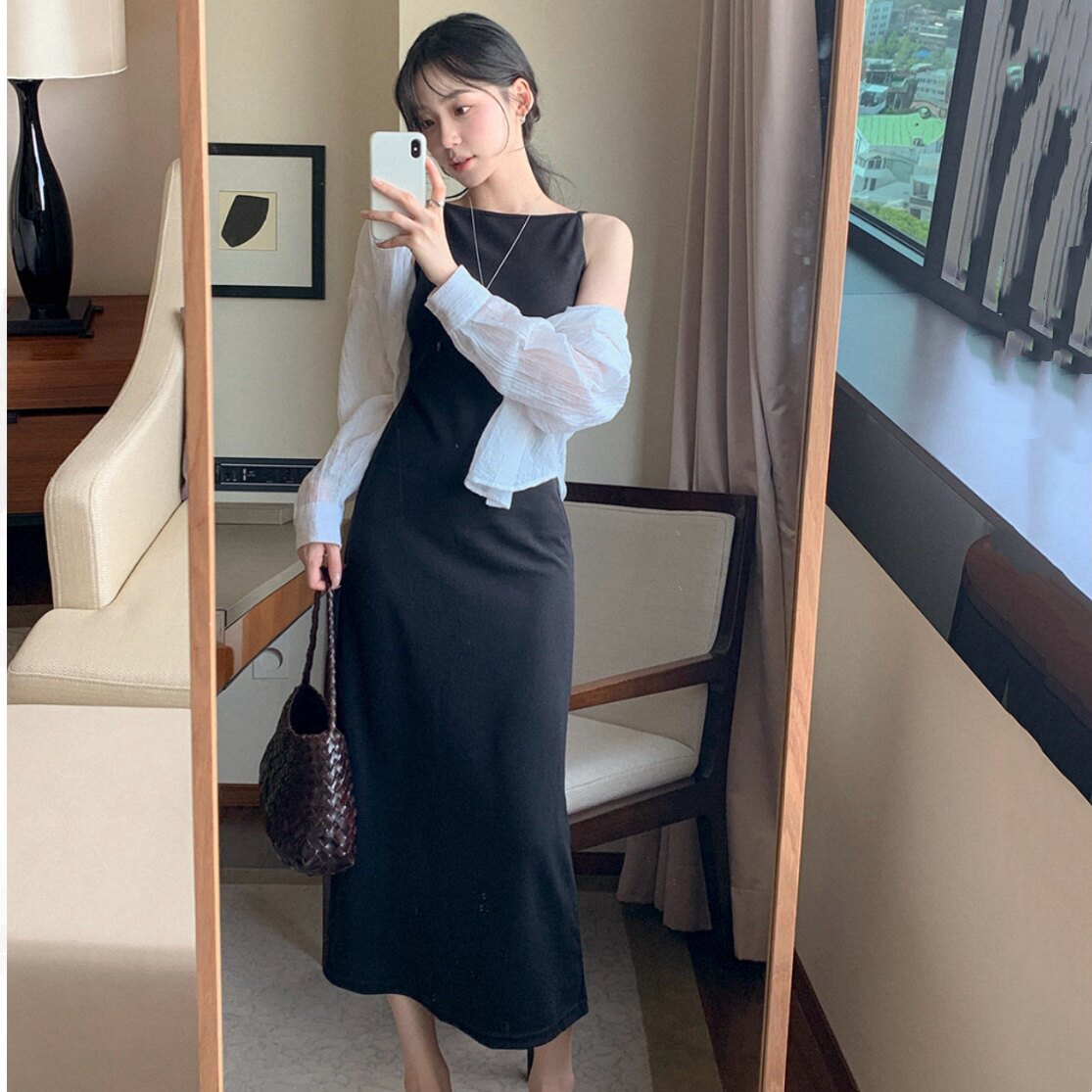 韩国代购正品黑色连衣裙无袖背心女装reine官网极简约修身长裙子
