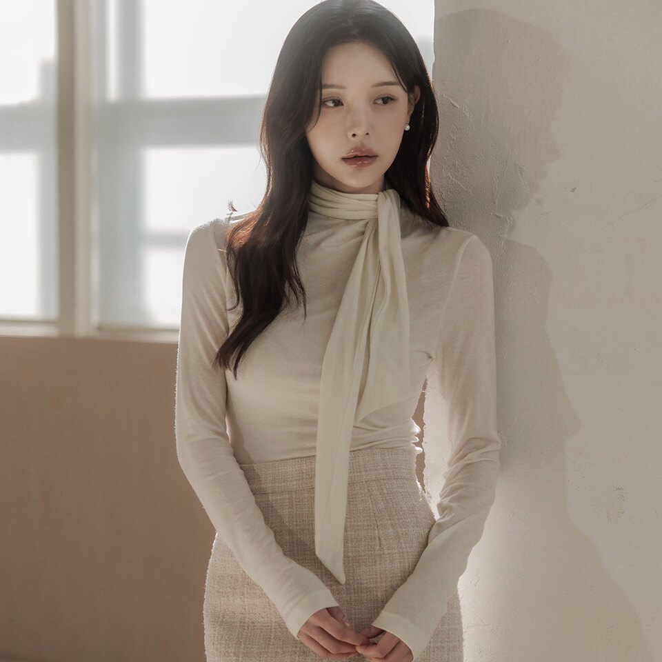 25设计高级感飘带领t恤女天丝羊毛正品韩国代购内搭气质漂亮上衣