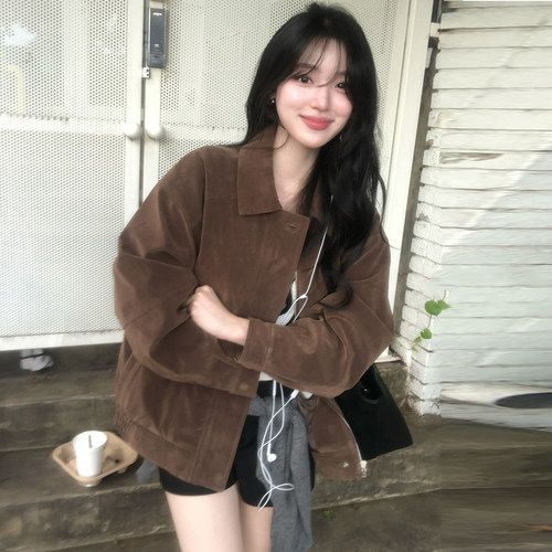 韩国正品高级感绒布短外套棕色女