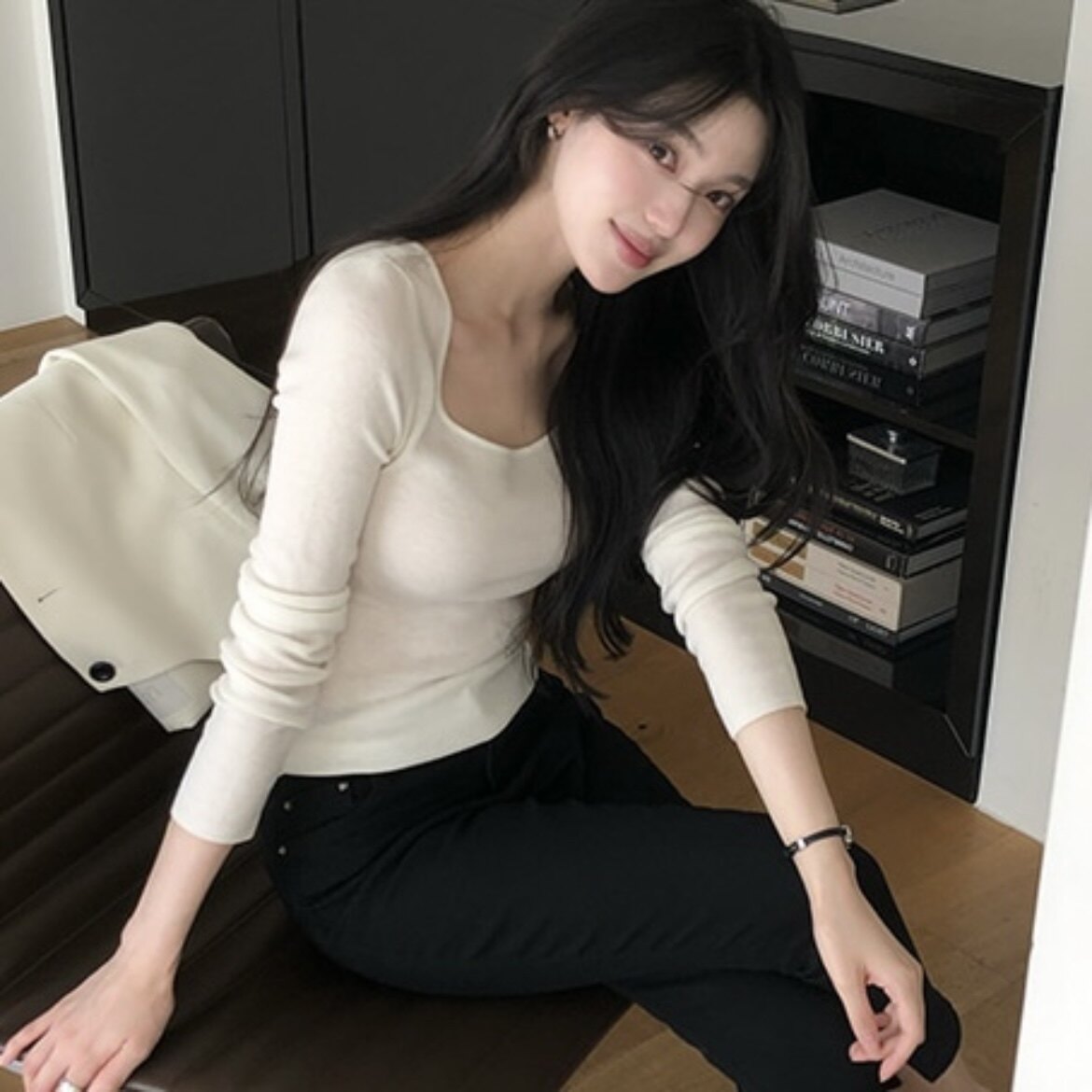 韩国reine正品低圆领领针织衫减龄锁骨女装秋款官网代购内搭上衣