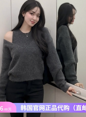 25秋冬韩式叠穿针织衫两件套女装reine正品韩国代购慵懒风短毛衣