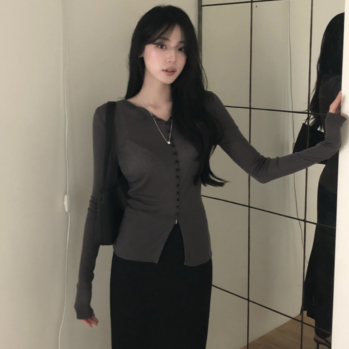 韩国reine正品天丝羊毛t恤长袖女式官网代购26初秋半开式修身上衣