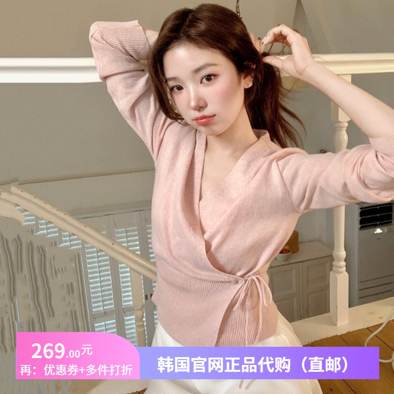 春季优雅女人v领针织衫系带收腰女attrangs正品韩国代购毛衣开衫