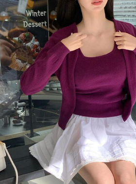 秋季新款针织开衫+吊带背心两件套高级感女lapla韩国代购气质毛衣