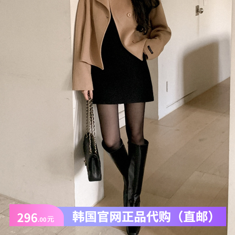 春秋冬黑色毛呢半身裙小个子女reine正品韩国代购新款配靴子短裙