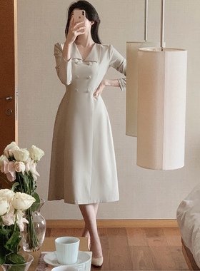 高级设计感小尖领连衣裙收腰女装fromdayone韩国代购春秋a字长裙