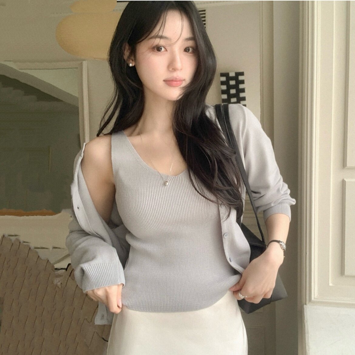 韩国官网两件套针织衫女reinr正品代购春秋季百搭减龄薄毛衣套装