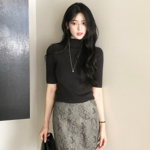 韩国reine半高领针织衫气质女代购秋冬职场优雅黑色内搭上衣