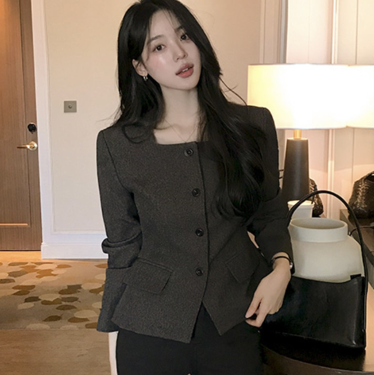 春秋简约方领短外套收腰显瘦女装reine正品韩国代购新款通勤上衣