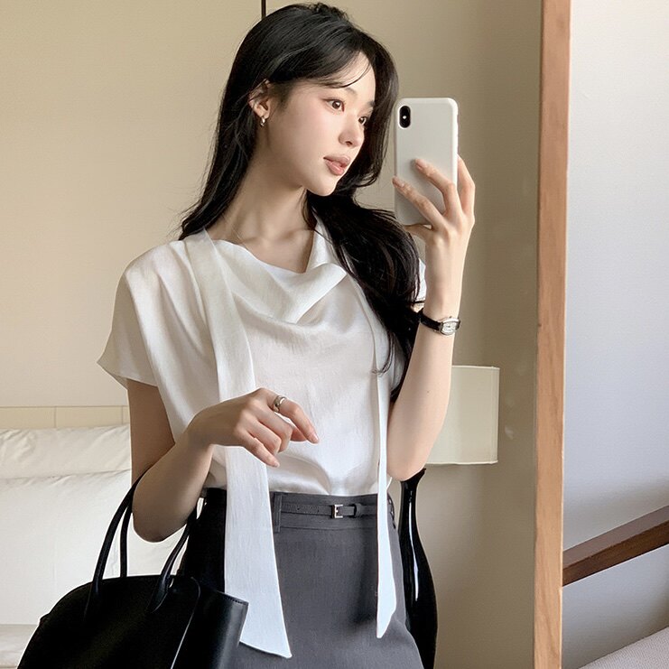 韩国正品洋气荡领衬衫女短袖夏装reine代购韩系好看套头飘带上衣