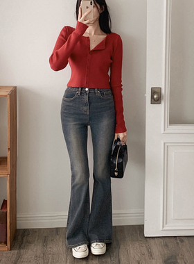 春秋高级感韩版牛仔裤微喇女fromdayone韩国代购复古蓝色修身长裤