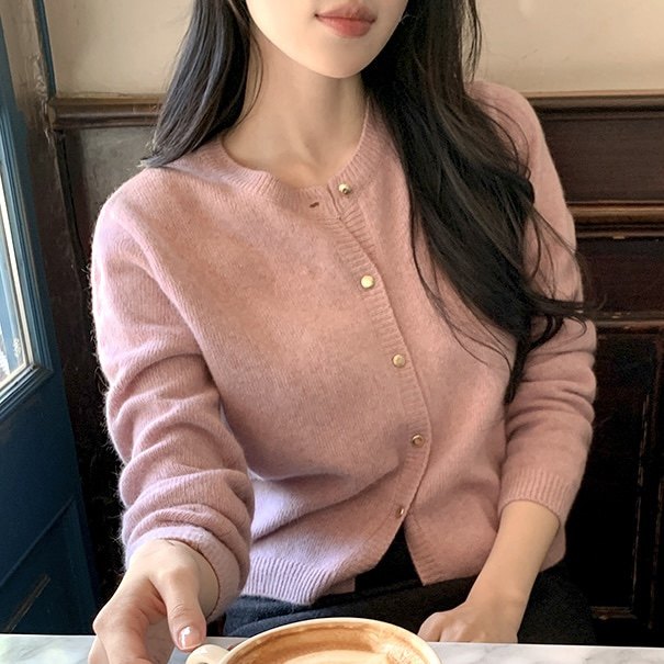 春秋高级感圆领针织衫外套女reine正品韩国代购短款百搭开衫上衣
