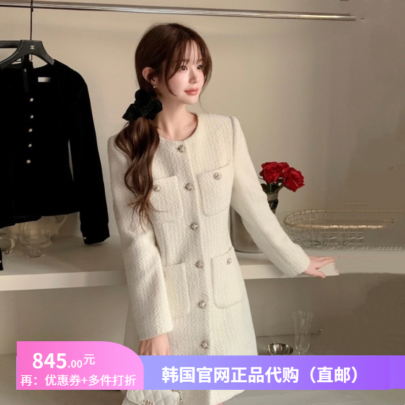 25秋冬季时尚粗花呢连衣裙女attrangs正品韩国代购配厚款大衣裙子