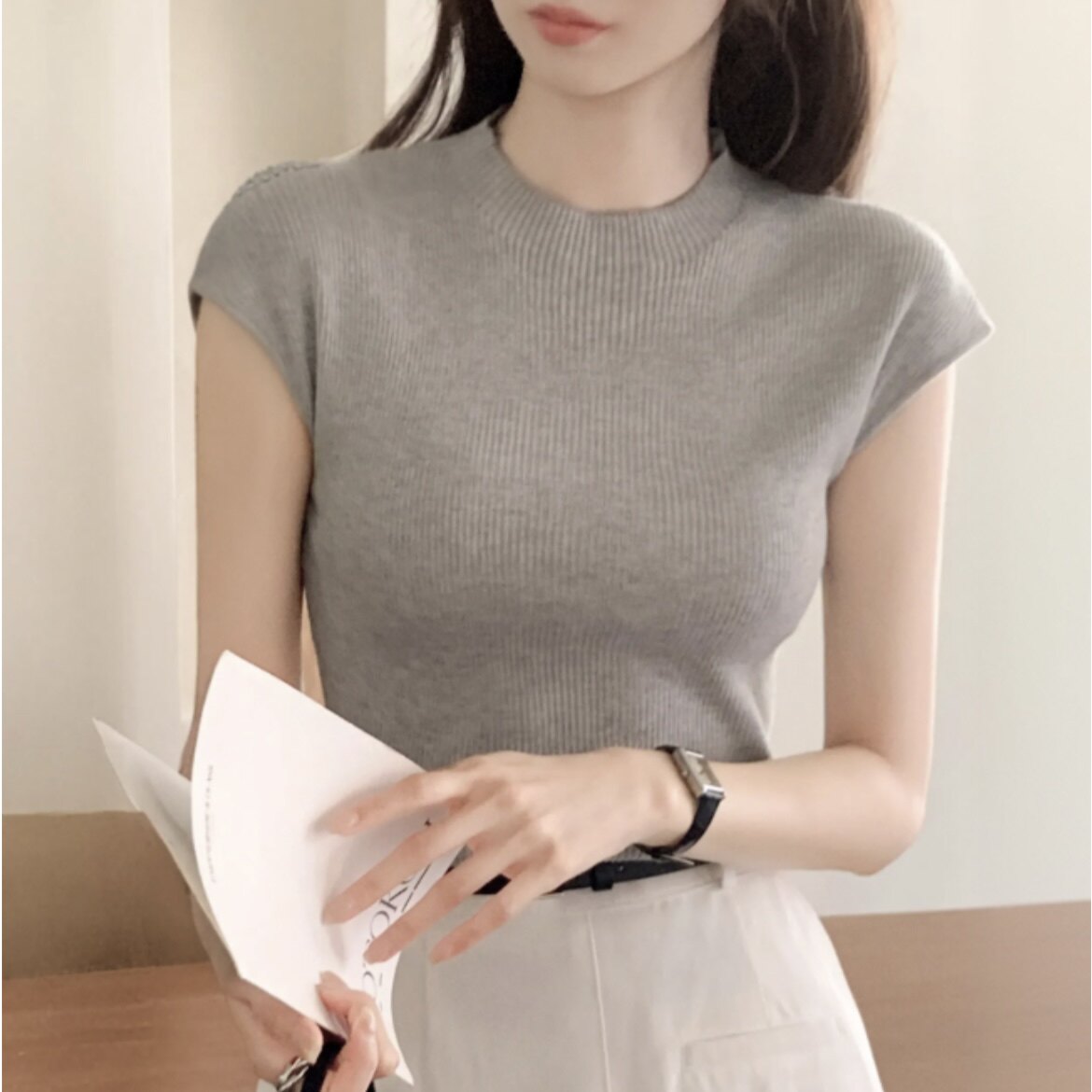 韩国正品春秋穿搭针织衫短袖attrangs代购新款简约绝美气质短上衣