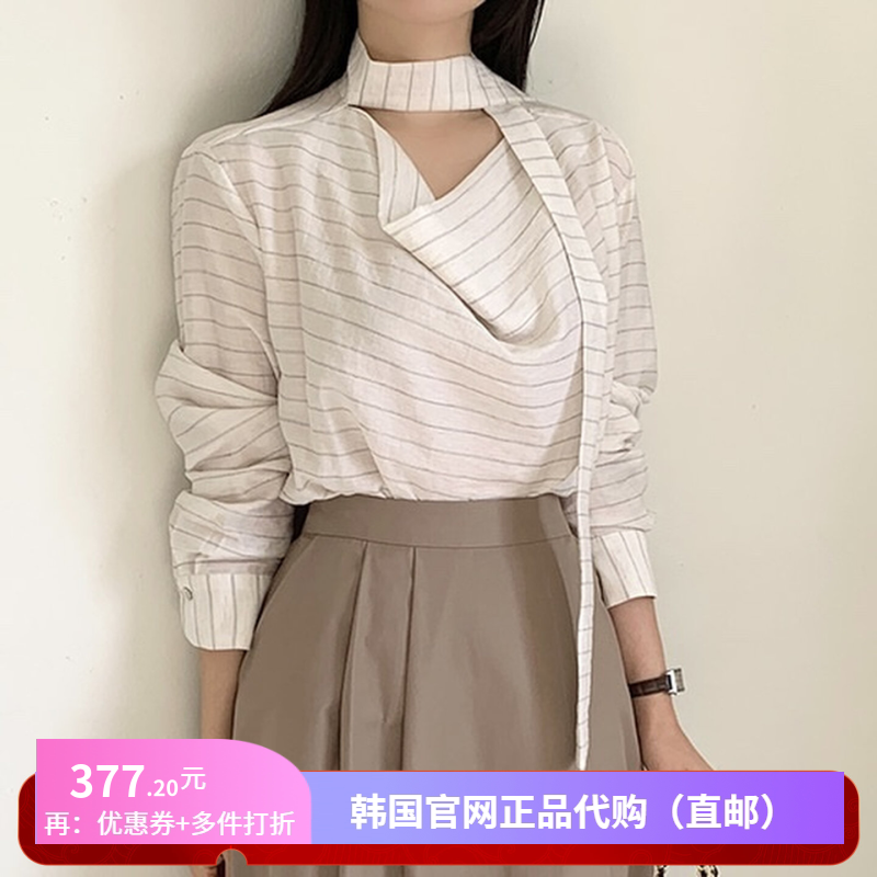 26春季系带荡领衬衫高级感正品韩国代购长袖宽松女条纹堆堆领上衣