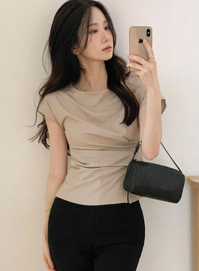韩国正品衬衫式t恤设计感褶皱收腰显瘦女benito代购减龄短袖上衣