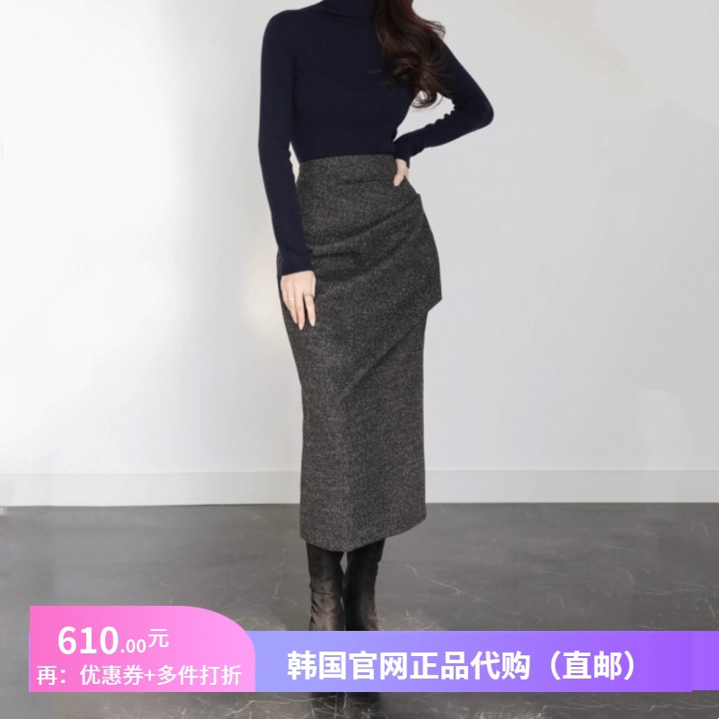 秋冬设计感抽褶半身裙中长款女正品韩国代购配大衣开叉直筒包臀裙