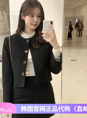 25春秋黑色羊毛呢短外套长袖女reine正品韩国代购休闲小香风夹克