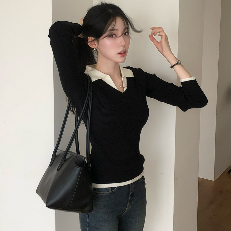 韩国正品reine拼色针织衫女上衣