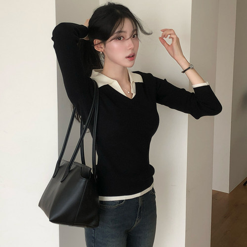 韩国正品reine拼色针织衫女上衣