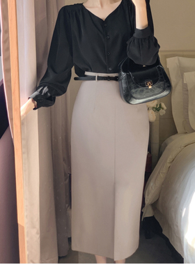 春秋休闲西装半身裙气质韩国代购fromdayone正品前开叉直筒一步裙