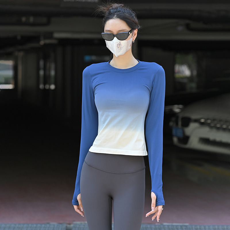Beemen无缝一体织瑜伽服运动上衣女2025新款健身服渐变色长袖t恤