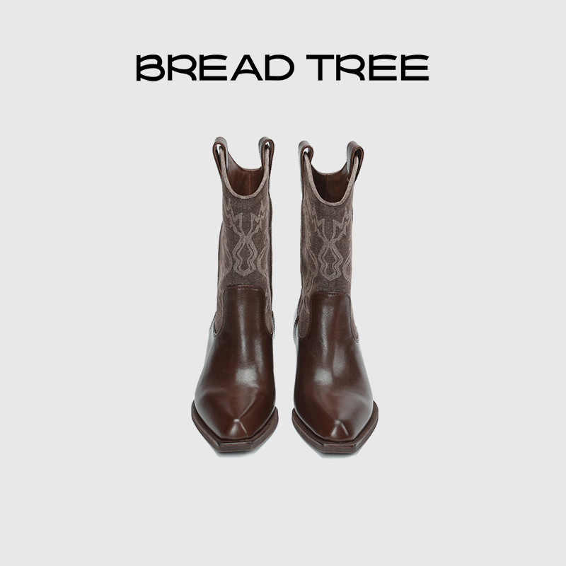 BREADTREE面包树 24年新款水洗牛仔拼色西部靴V型口尖头真皮短靴
