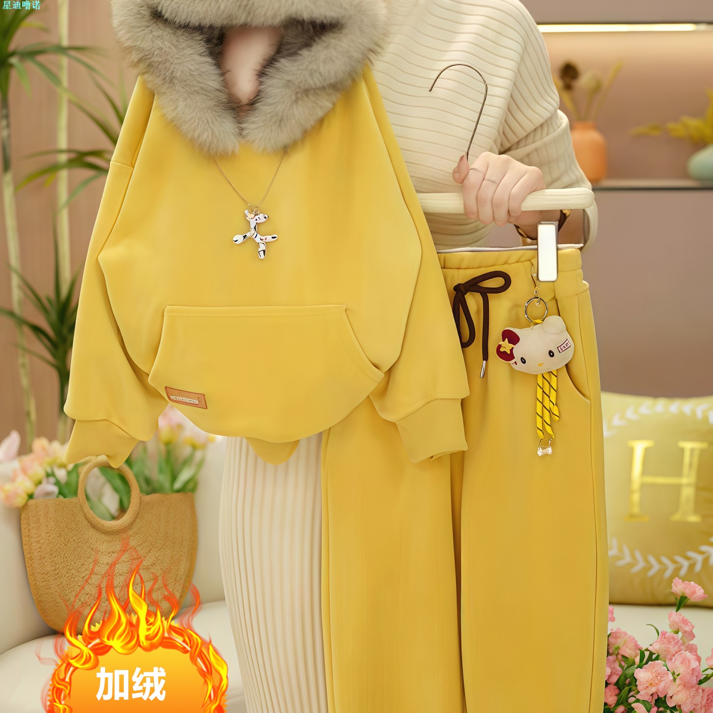 女童双面绒卡通套装卫衣裤