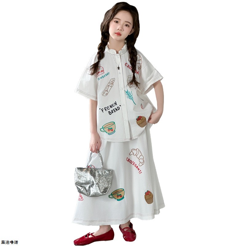 女童夏装套装2025新款儿童夏季薄款衬衫短袖半身裙女孩洋气两件套