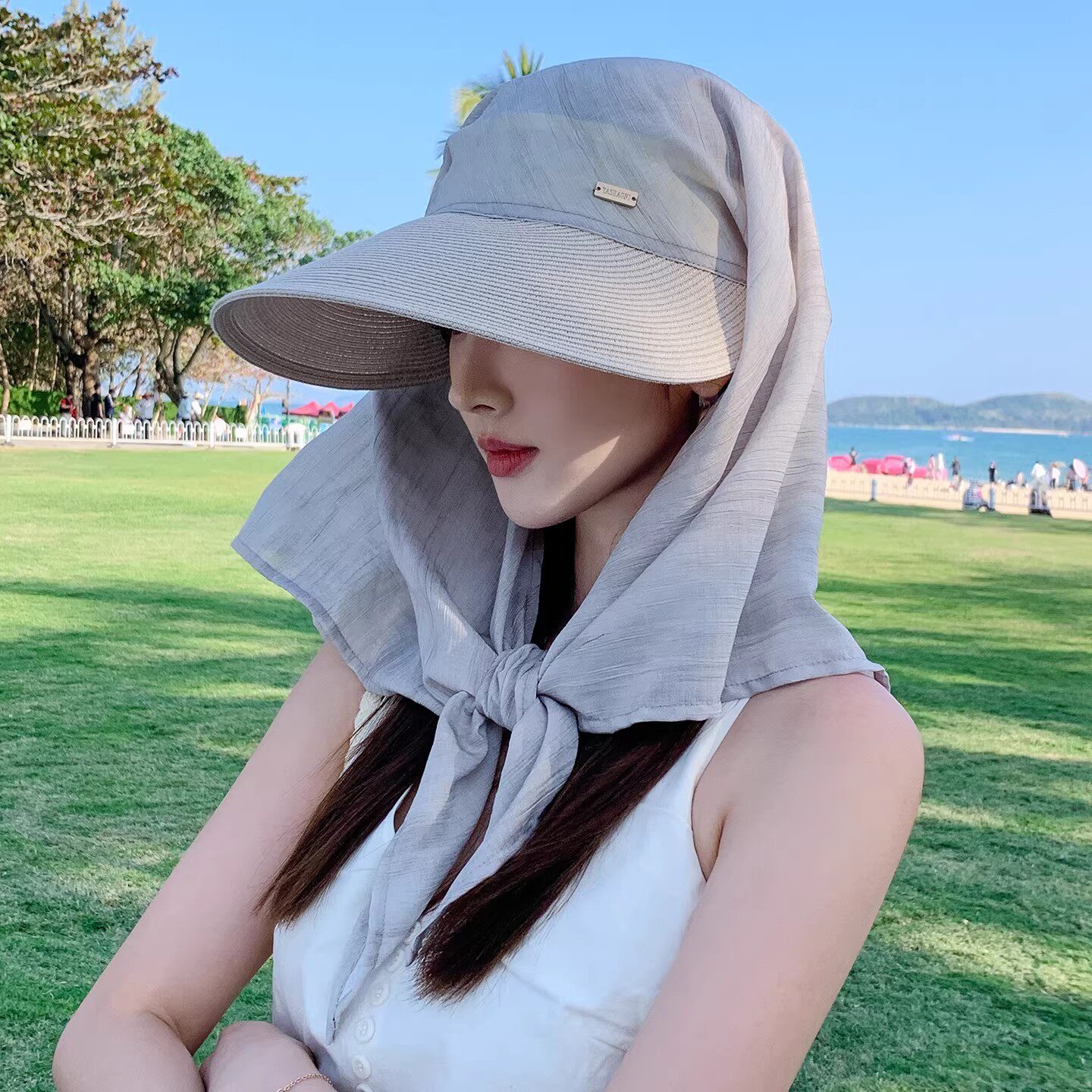 新款绑带丝巾草编帽子女防晒帽夏
