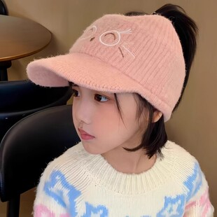 儿童针织帽子女孩棒球帽可爱猫咪扎马尾秋冬季保暖宝宝空顶毛线帽