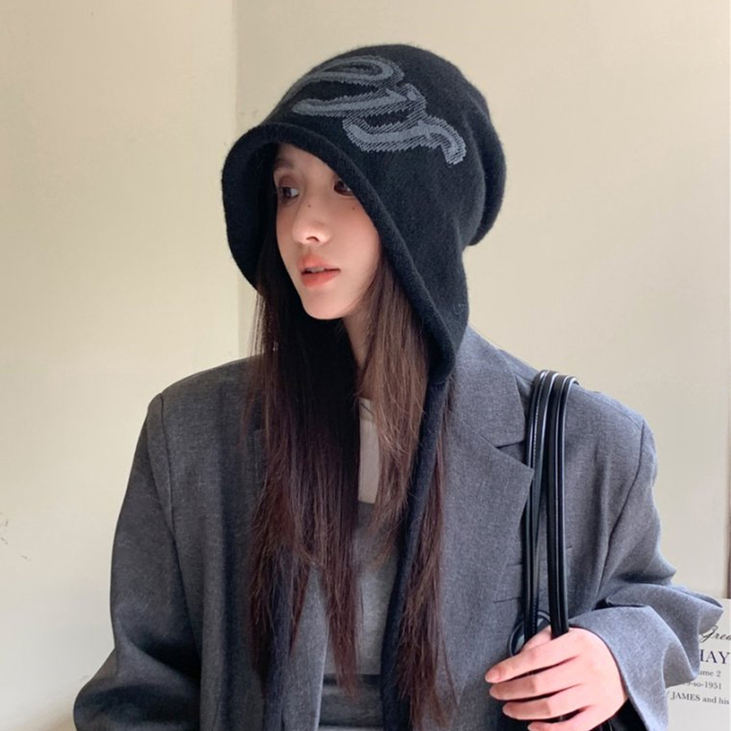 秋冬新款后开叉卷边针织包头帽子