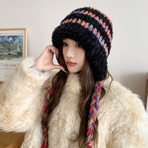 民族风毛绒彩色条纹针织帽子女秋冬加深护耳保暖套头帽百搭显脸小