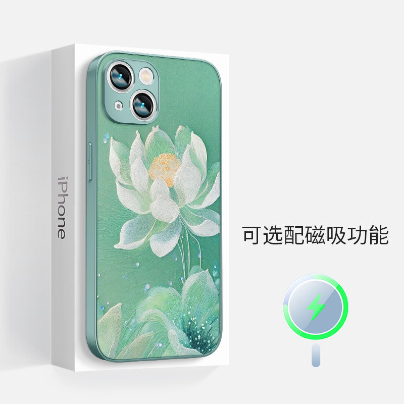 适用于苹果iphone16promax磁吸手机壳15plus女一朵两朵莲花magsafe国风13雅川青硅胶超薄全包镜头保护套新款