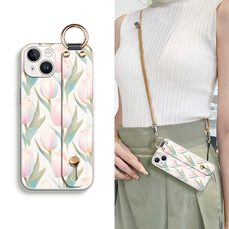 适用于苹果iphone16promax手机壳女15plus斜跨挂绳可背14腕带支架13郁金香玫瑰铃铛花防摔全包镜头保护套新款